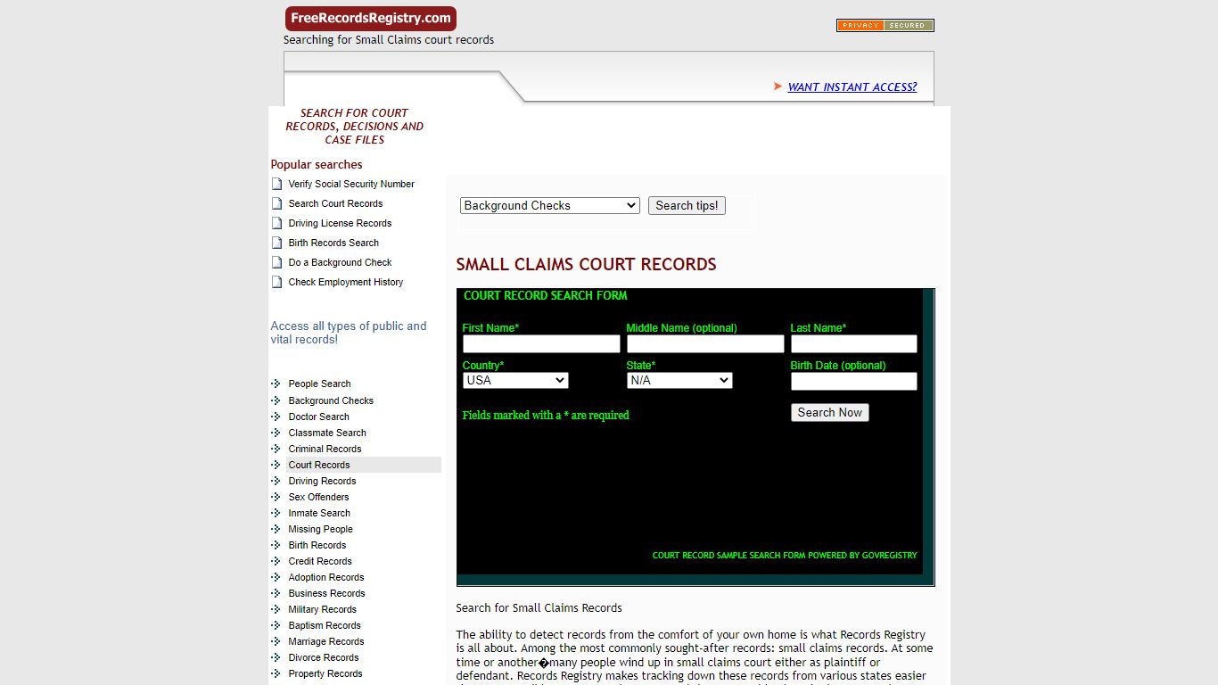 Searching for Small Claims court records